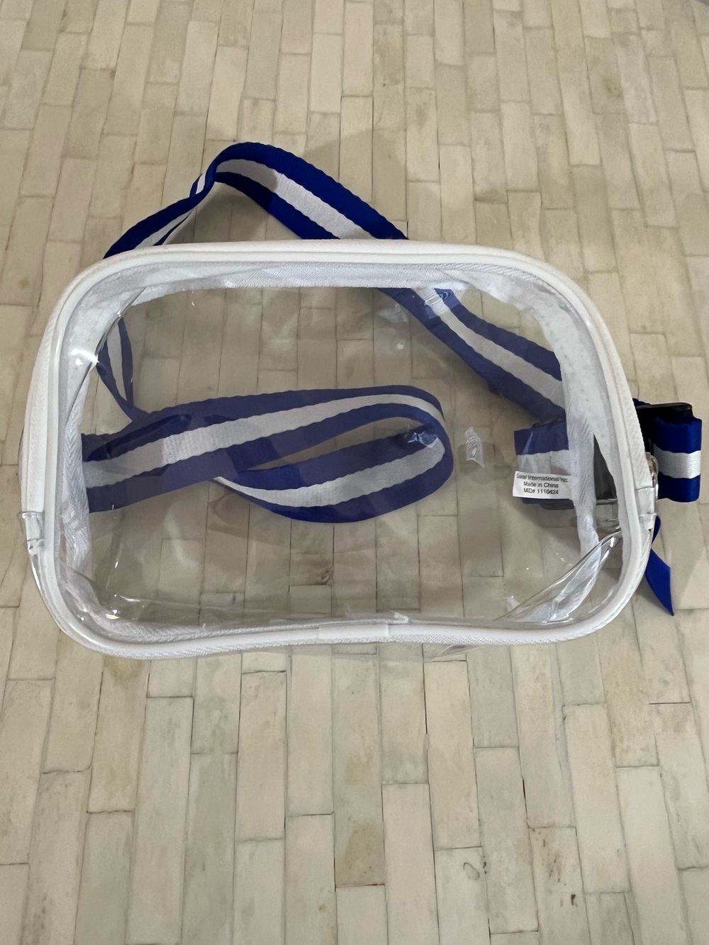 Clear Belt Bag with White Trim and Blue-White Adjustable Strap